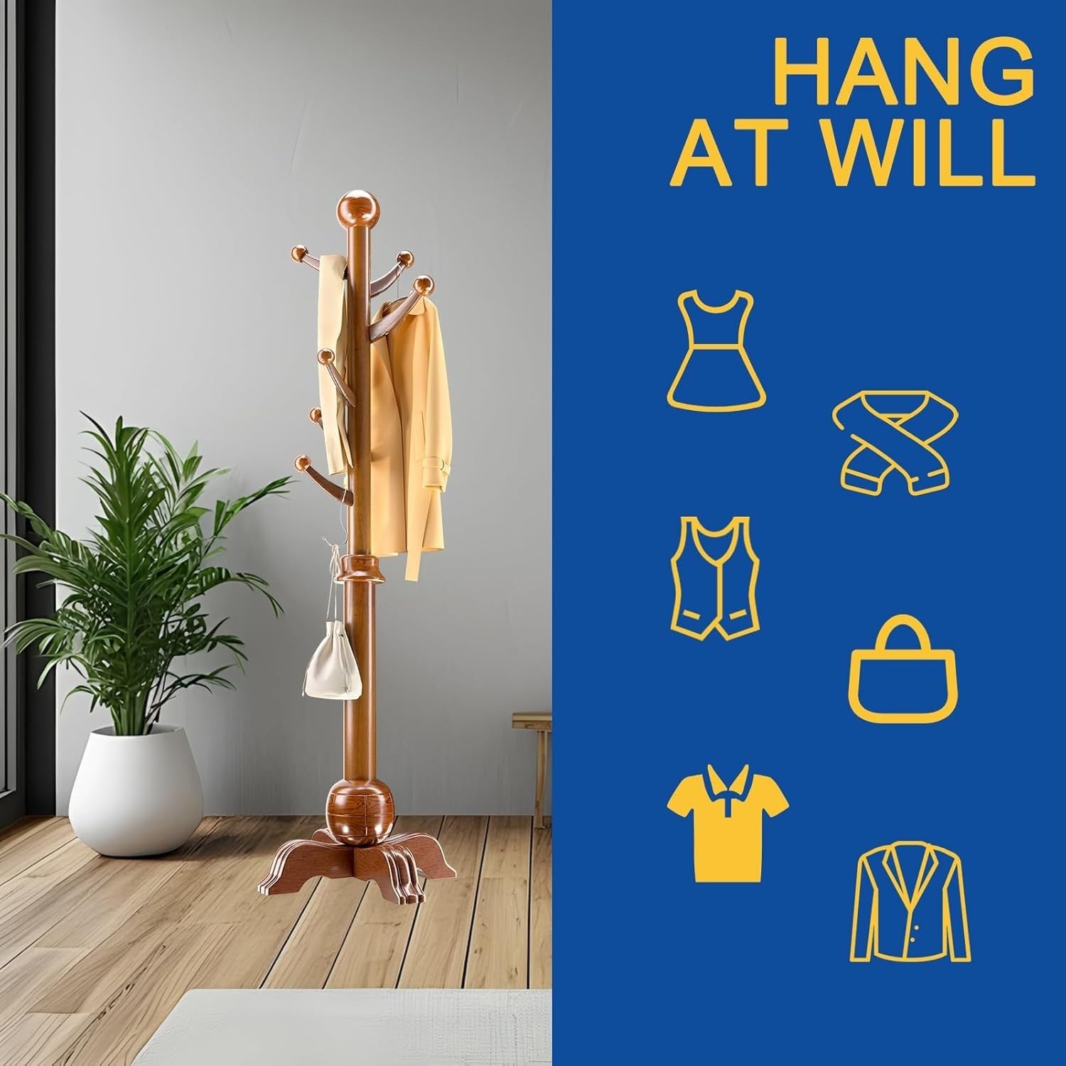 Solid Wood Free Standing Coat Rack | 7 Hook Hall Tree Organizer Stand