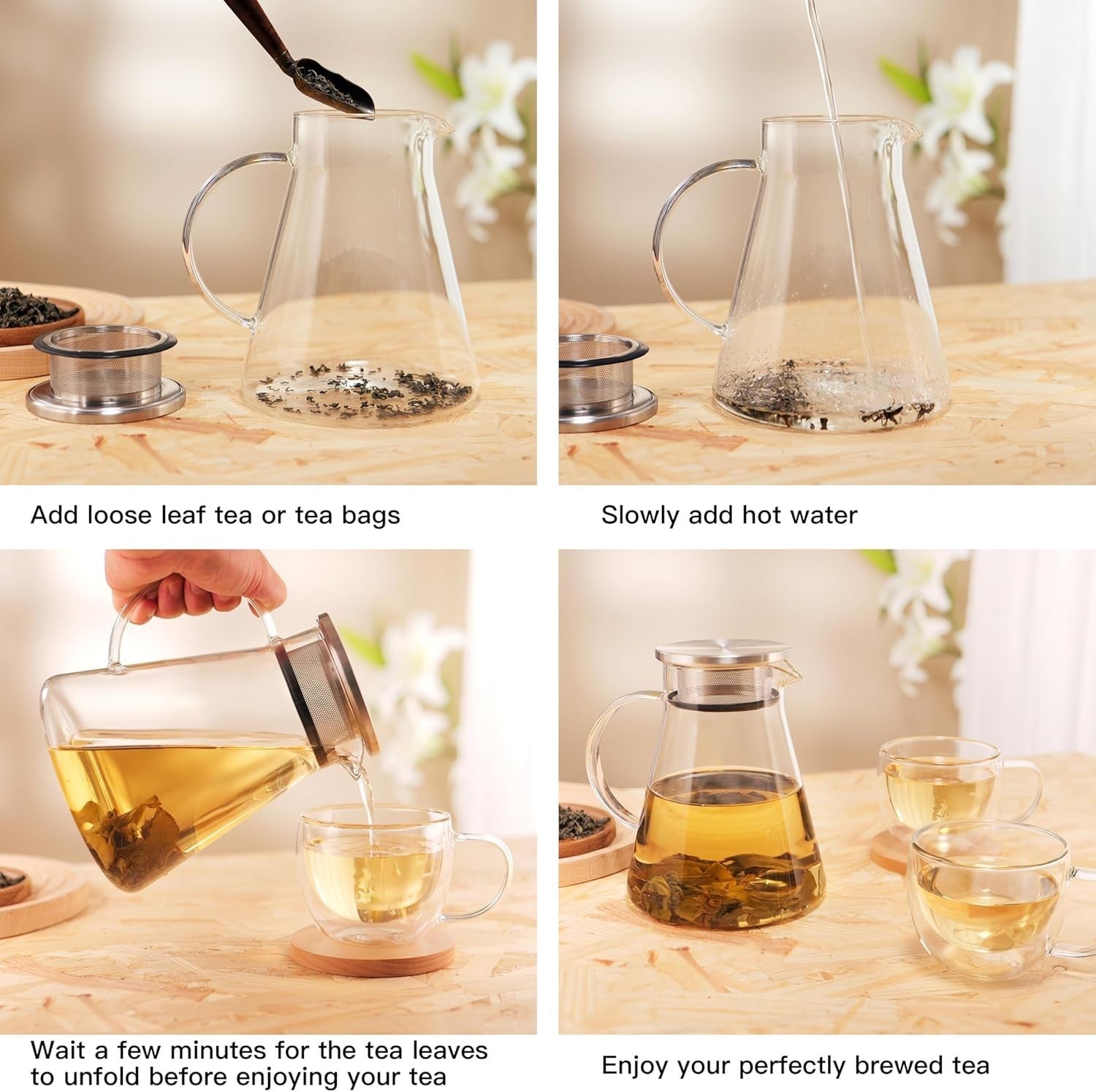 1.2L Glass Teapot Stovetop Safe Tea Kettle Loose Leaf Tea Maker