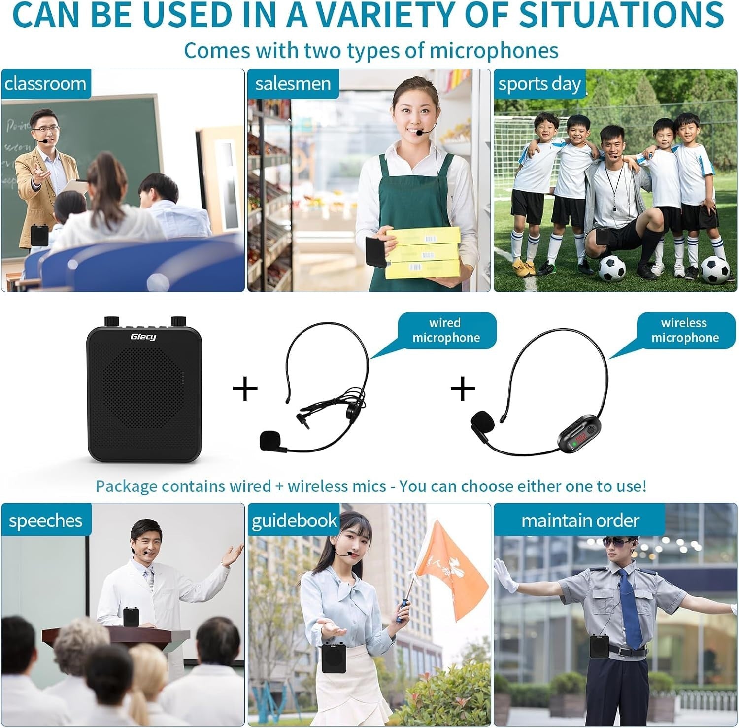 30W Portable Voice Amplifier UHF Wireless Mic Bluetooth Rechargeable