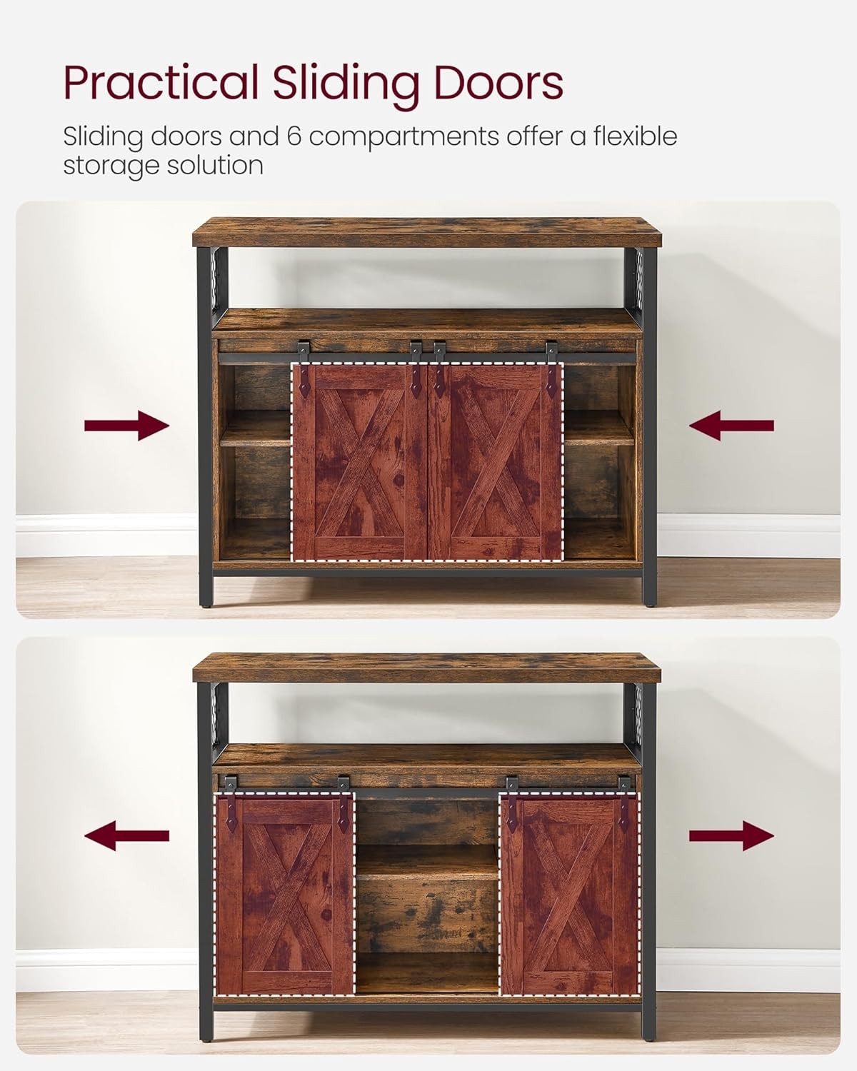 Rustic Brown Industrial Sideboard Cabinet Sliding Doors Storage Unit