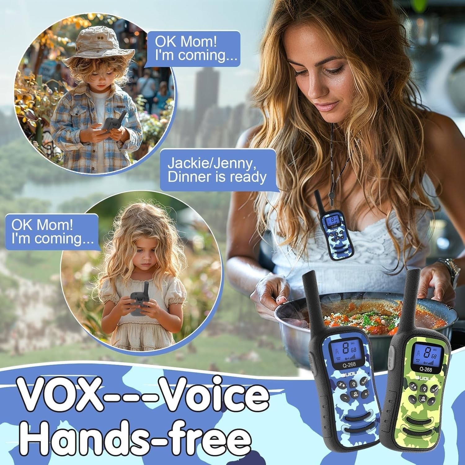 Kids Rechargeable Walkie Talkies 2 Pack Long Range VOX Flashlight Camo