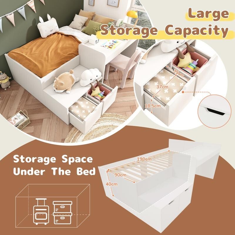 Kids Bed with Desk Storage Drawers 3FT Single White Bed Frame 90x190cm