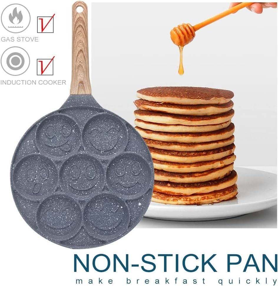 Smiley Face Pancake Pan 26cm Non Stick 7 Hole Mini Pancake Maker Induction Black