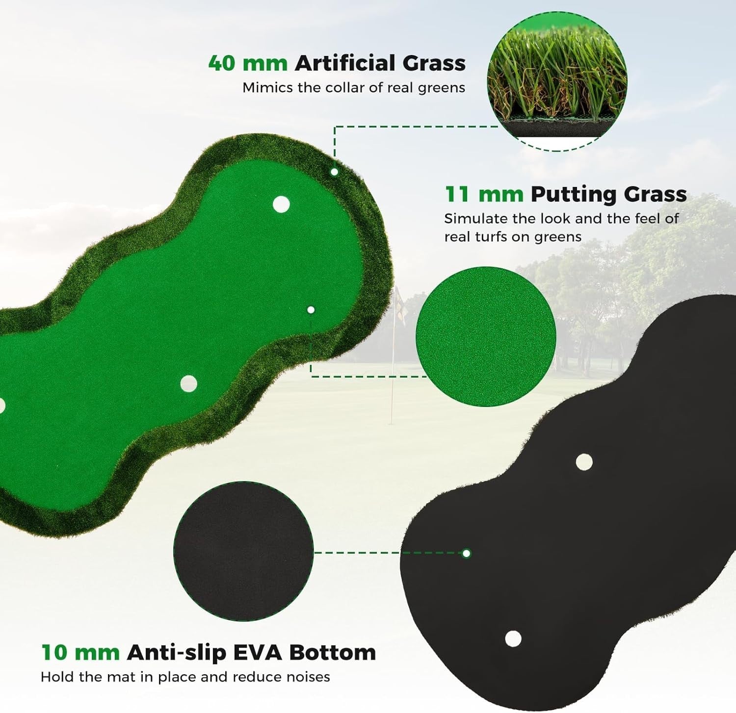 10FT Golf Putting Green Mat Indoor Outdoor Practice w/ 3 Holes & Balls