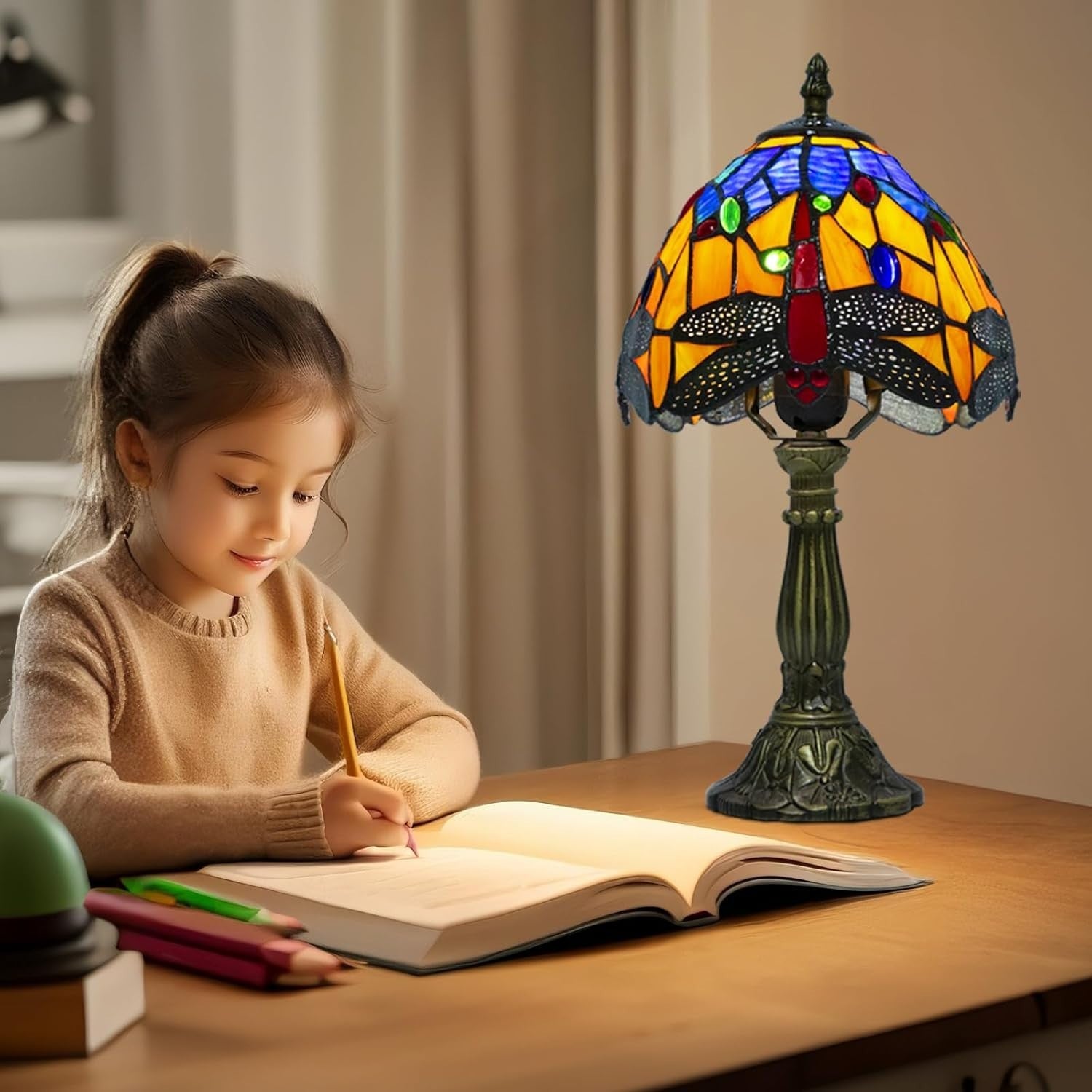 Orange Blue Dragonfly Tiffany Lamp, Dimmable LED, Vintage Resin Base