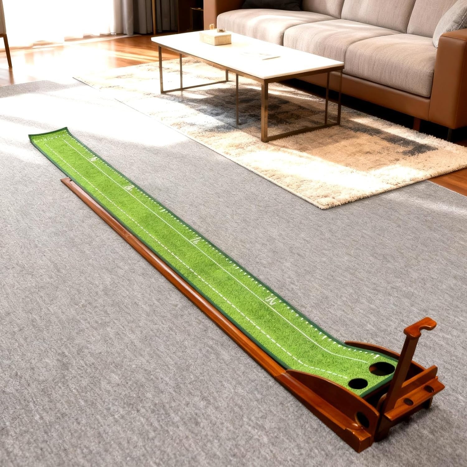 Golf Putting Mat Practice Indoor Trainer Automatic Ball Return Wooden Base