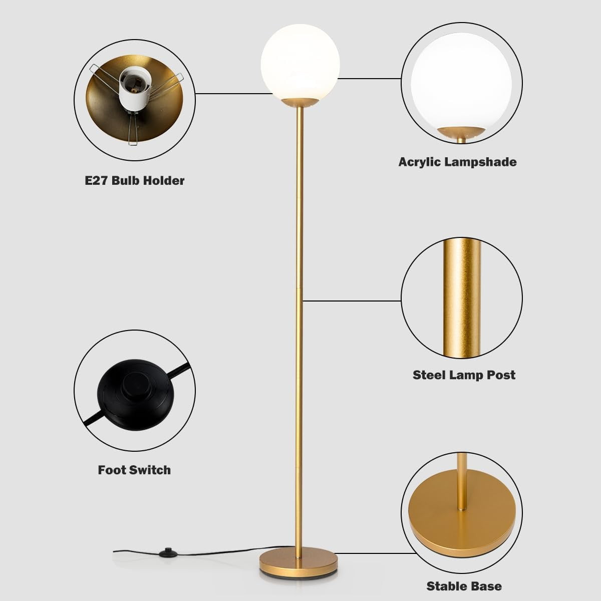 Modern Globe Floor Lamp Brushed Metal Tall Standing Light Bedroom Living Room