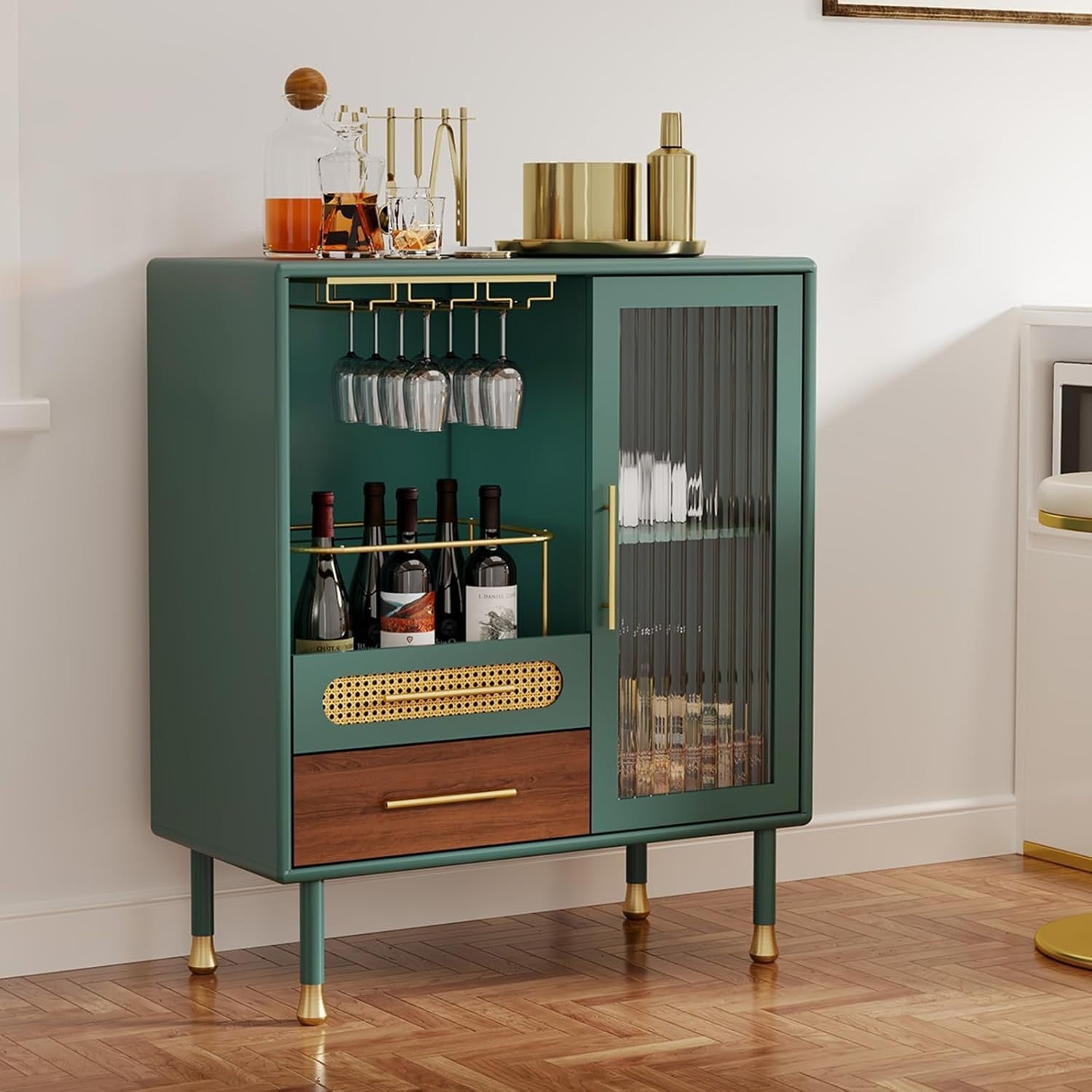 Green Drinks Cabinet with Wine Glass Racks & 2 Drawers – Modern Home Bar Storage