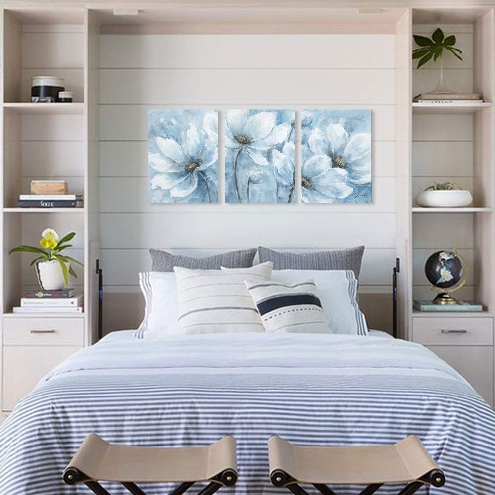 Blue Magnolia Canvas Wall Art Set of 3 Framed 30x40cm
