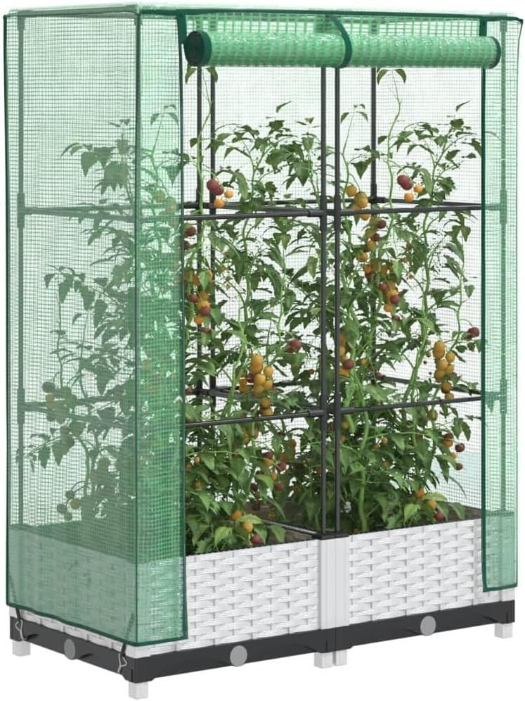 Raised Garden Planter with Greenhouse Cover 80x40x123cm | White Rattan Look