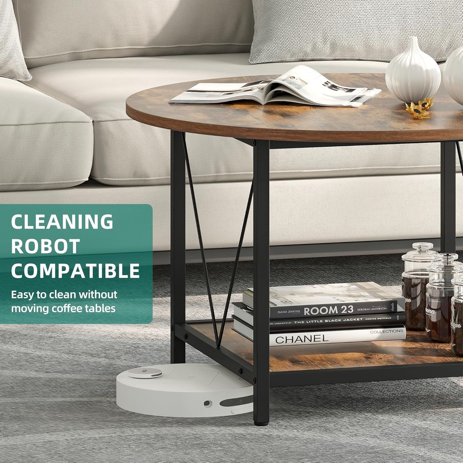 Round Coffee Table with Storage Shelf 80cm Industrial Rustic Metal Legs Brown