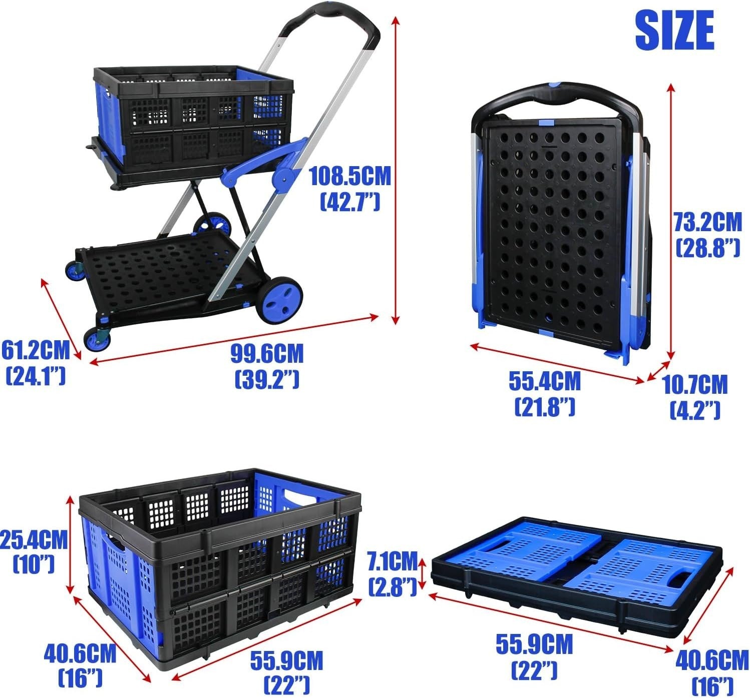 Heavy Duty Two-Tier Folding Shopping Cart with Crate & Wheels