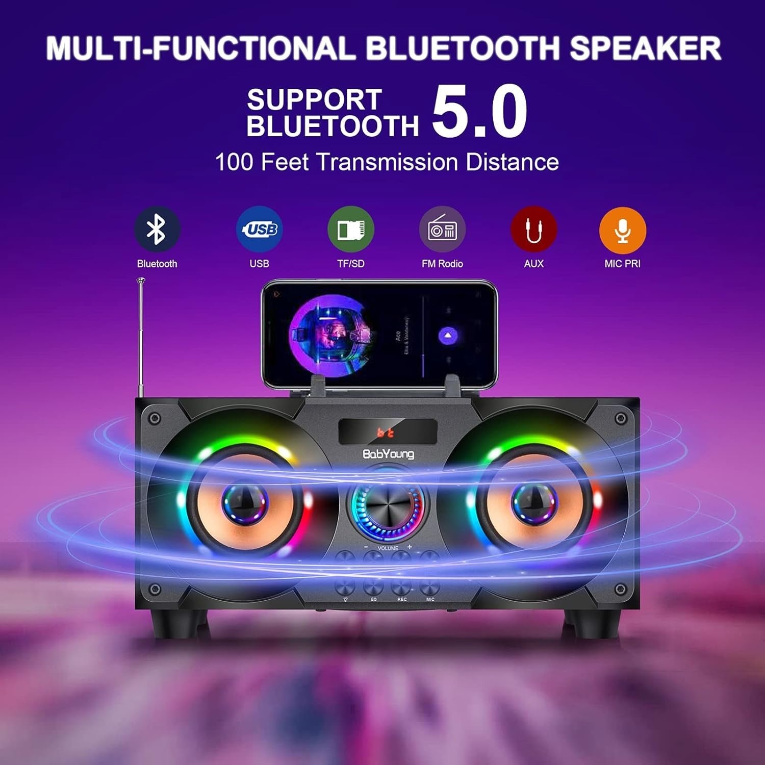 80W Portable Bluetooth Speaker Subwoofer Bass LED Lights FM MP3 USB AUX
