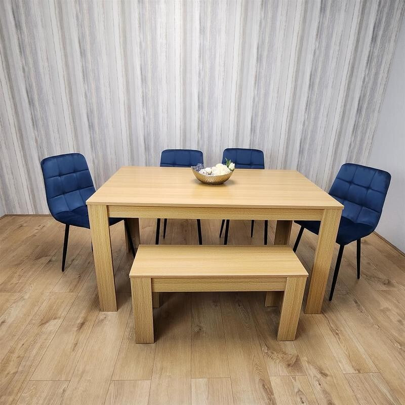 6 Seater Oak Dining Table Set with Blue Velvet Chairs & Wooden Bench