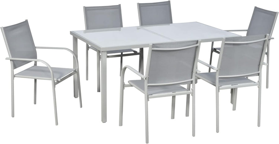 7-Piece Outdoor Garden Dining Set Table & 6 Stackable Chairs Grey