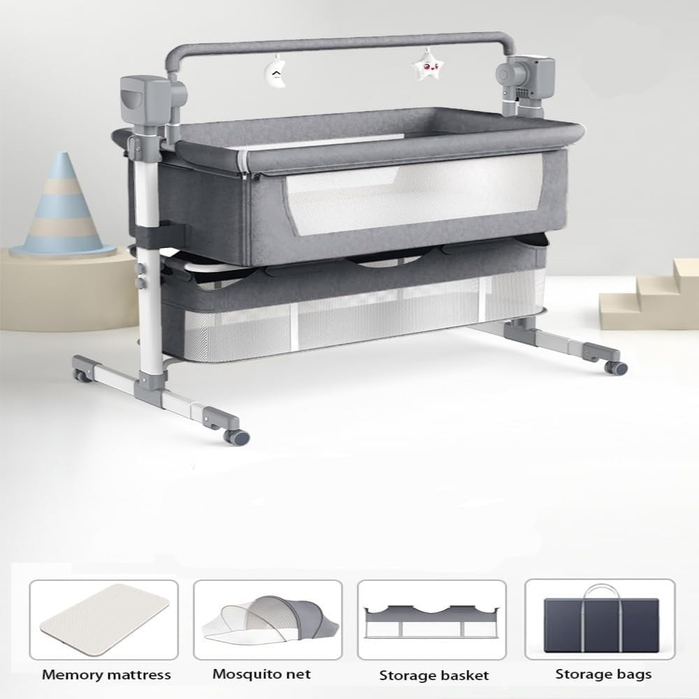 Adjustable Baby Bedside Crib Electric Co-Sleeper w/ Mattress Storage Mid Grey