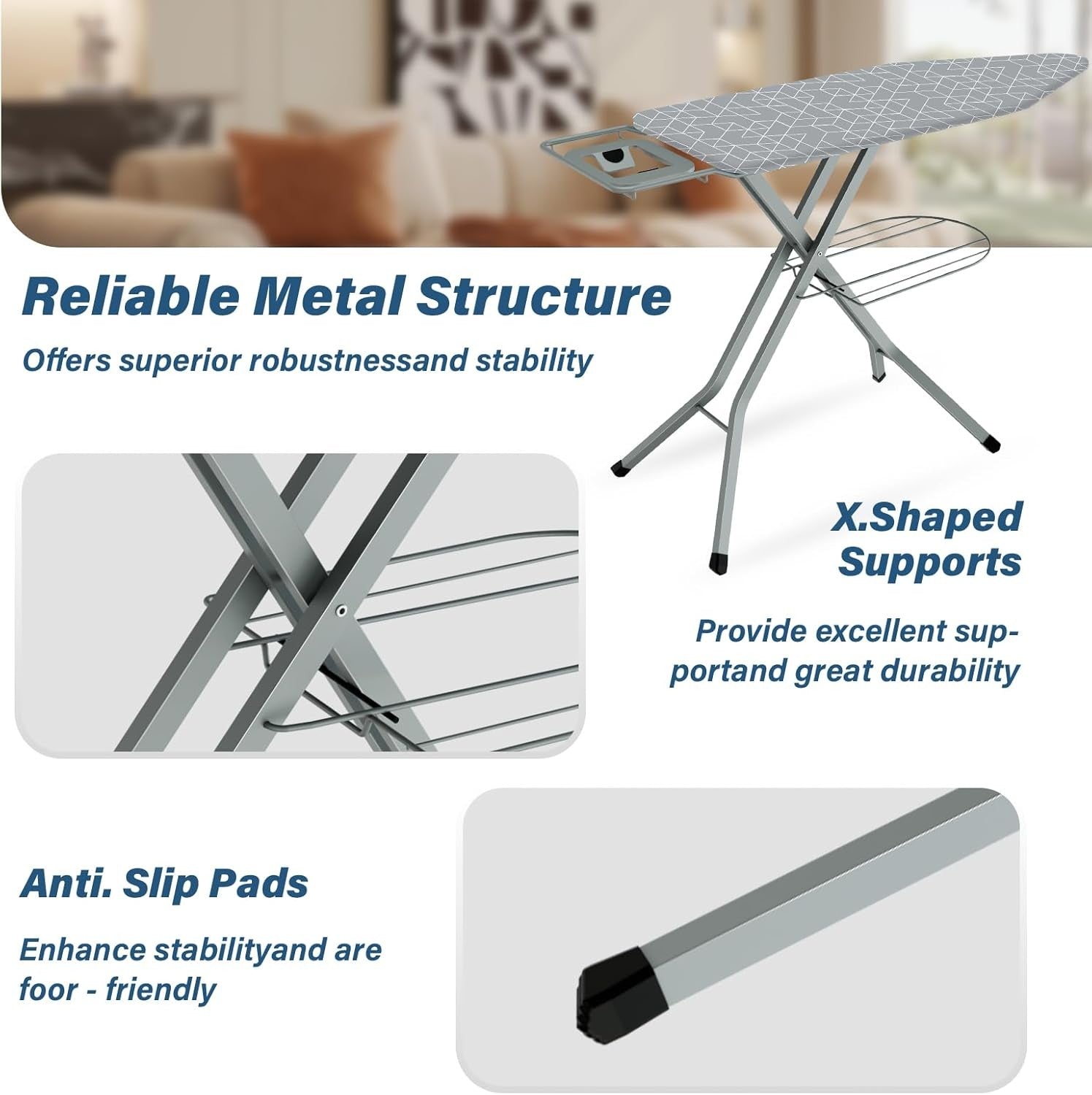 Ironing Board Height Adjustable Foldable Anti-Closing Non-Slip 120x45cm