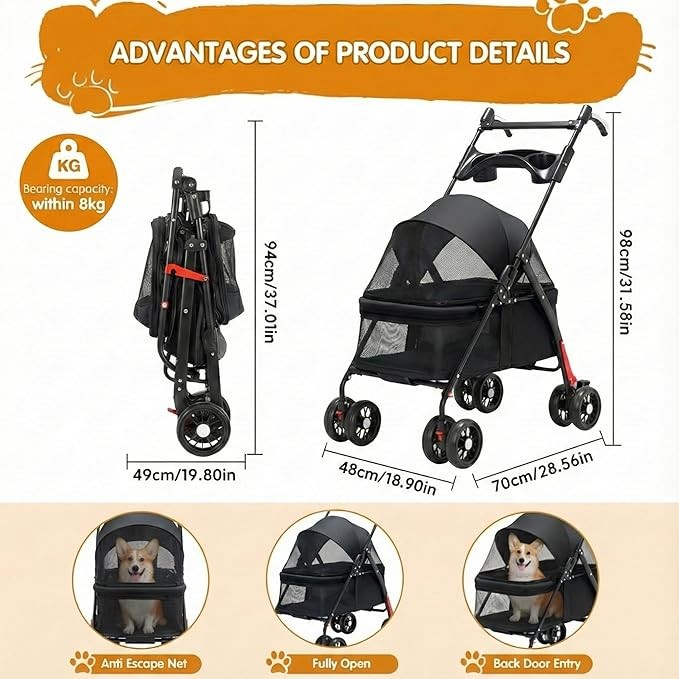 Cat Pet Stroller Lightweight Foldable 4 Wheel Travel Pushchair with Rain Cover