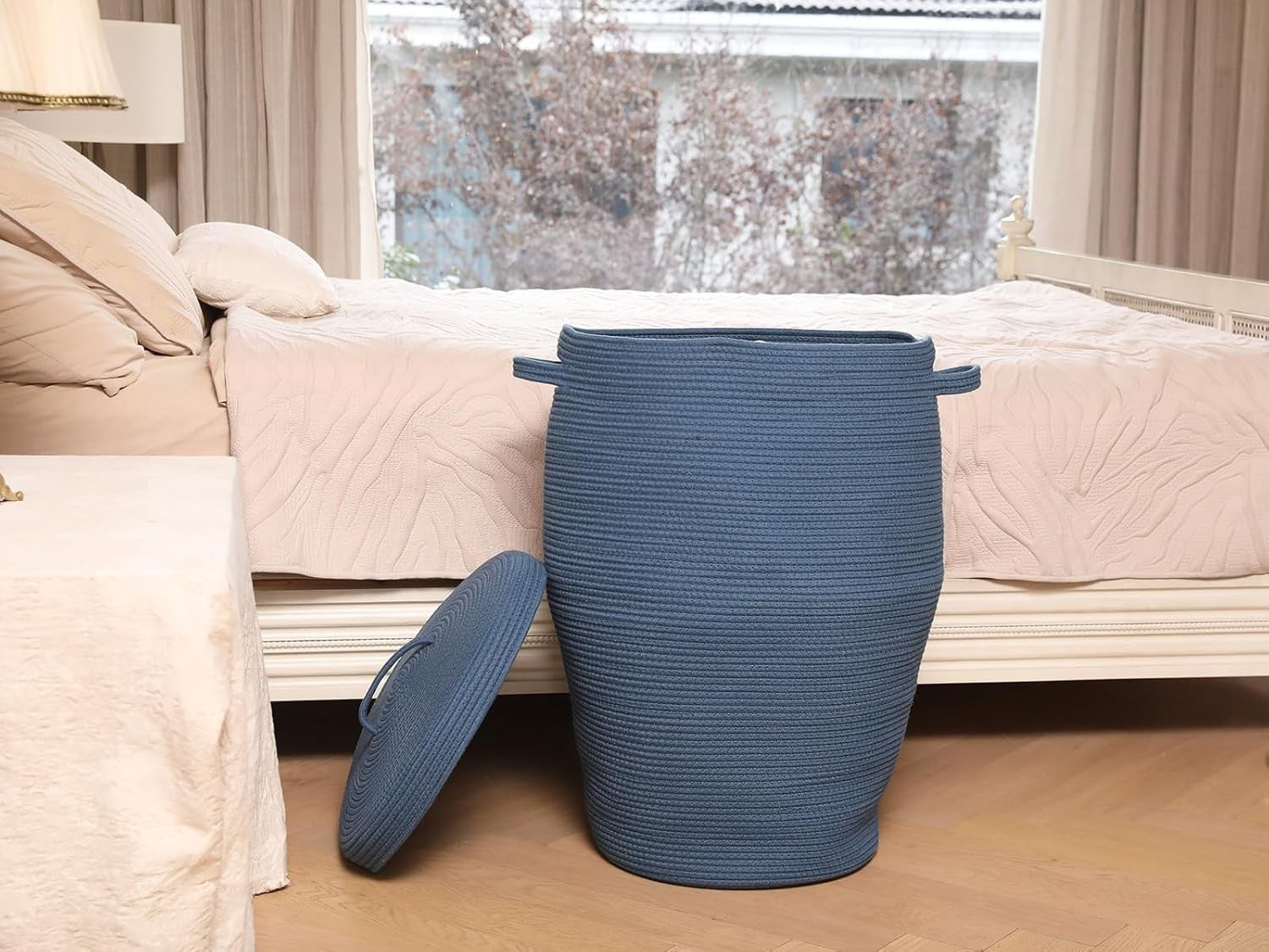 26" Tall Dark Blue Cotton Rope Laundry Basket with Lid Large Woven Storage Bin