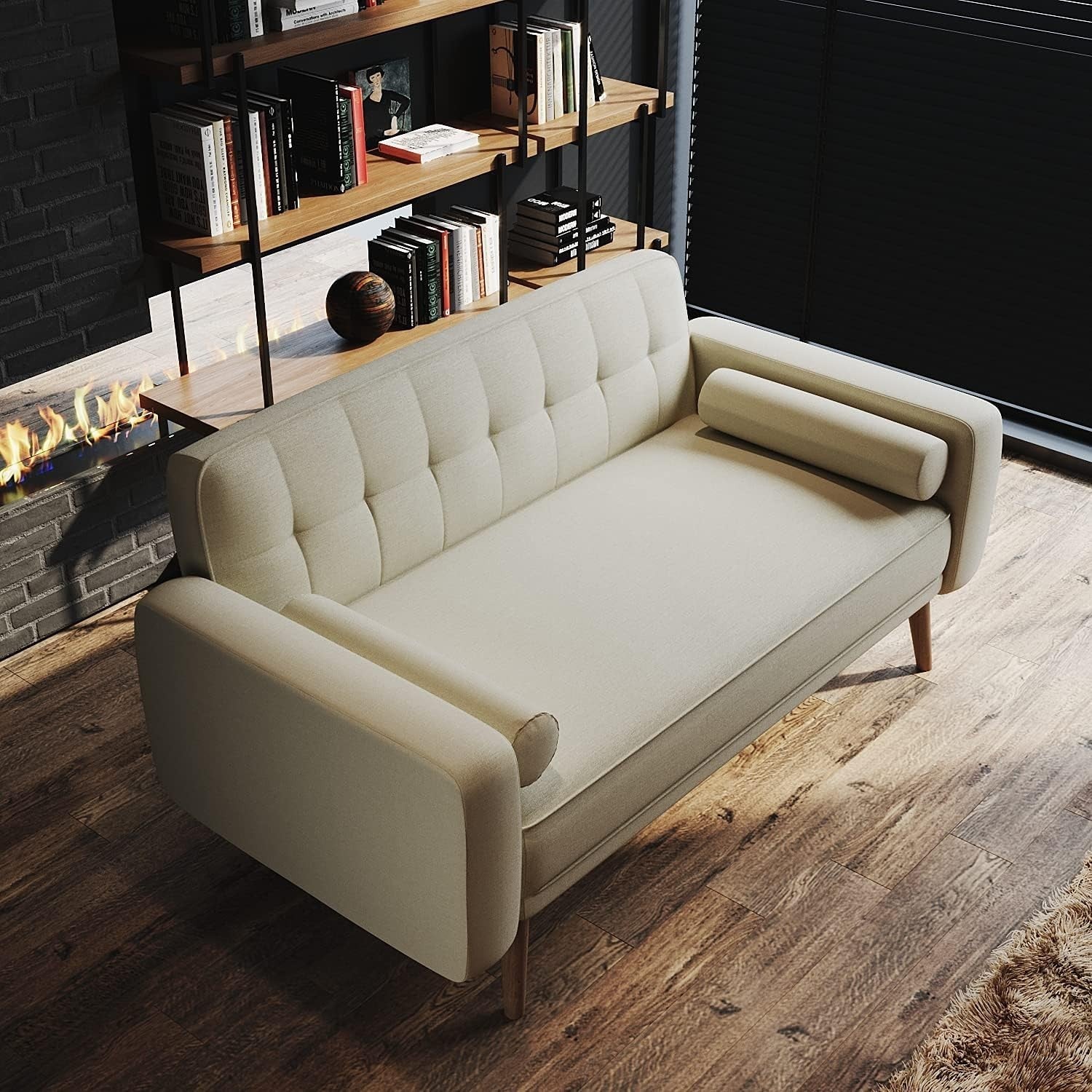 Cream 3 Seater Sofa Bed Linen Fabric Guest Couch w/ Arms for Lounge or Flat