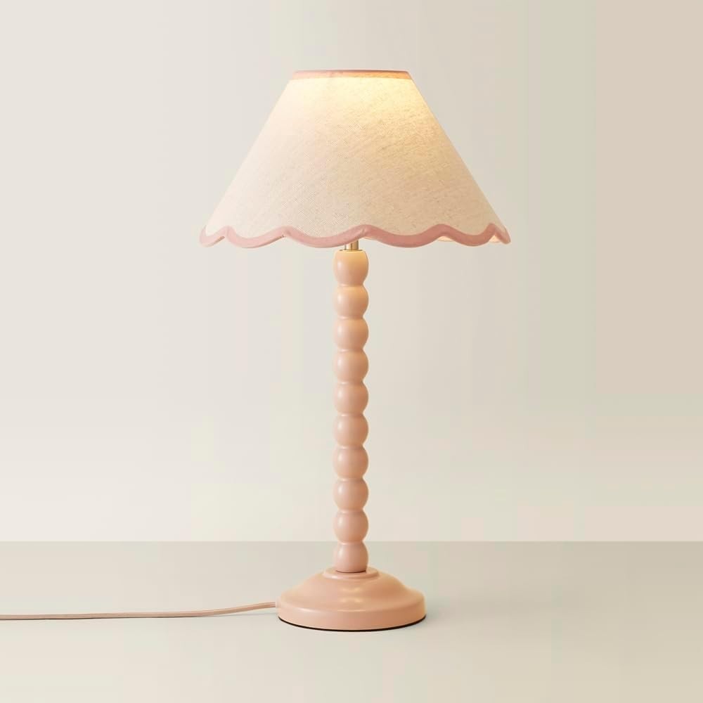Rose Pink Bobbin Table Lamp Scallop Shade Pastel Bedside 45cm