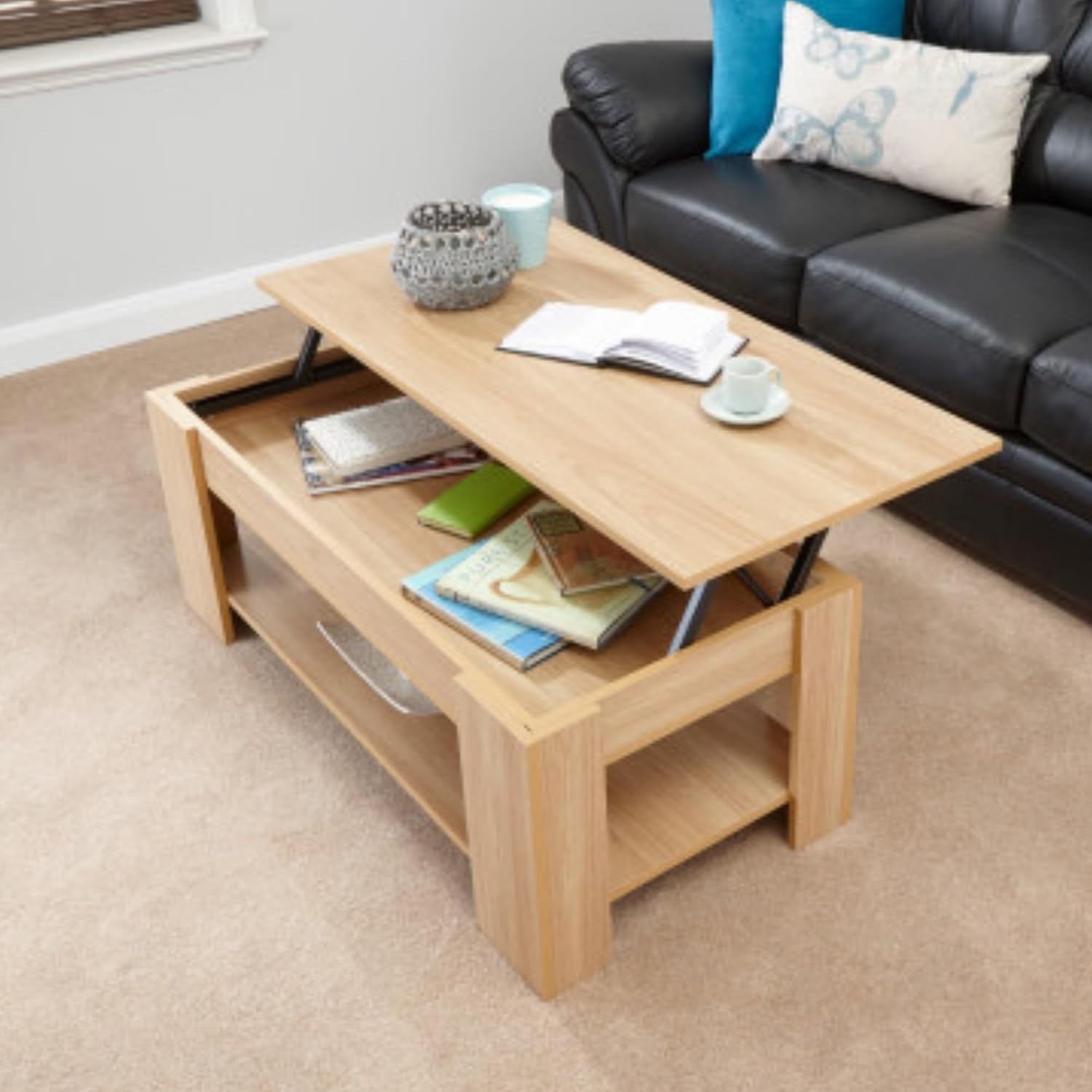 Lift Top Coffee Table with Hidden Storage & Shelf | Oak Wood Effect Modern
