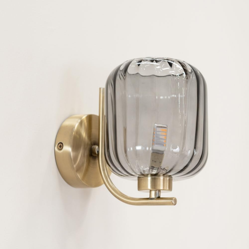 Gold Art Deco Wall Lights Pair Ribbed Glass Shade Modern Vintage Sconce