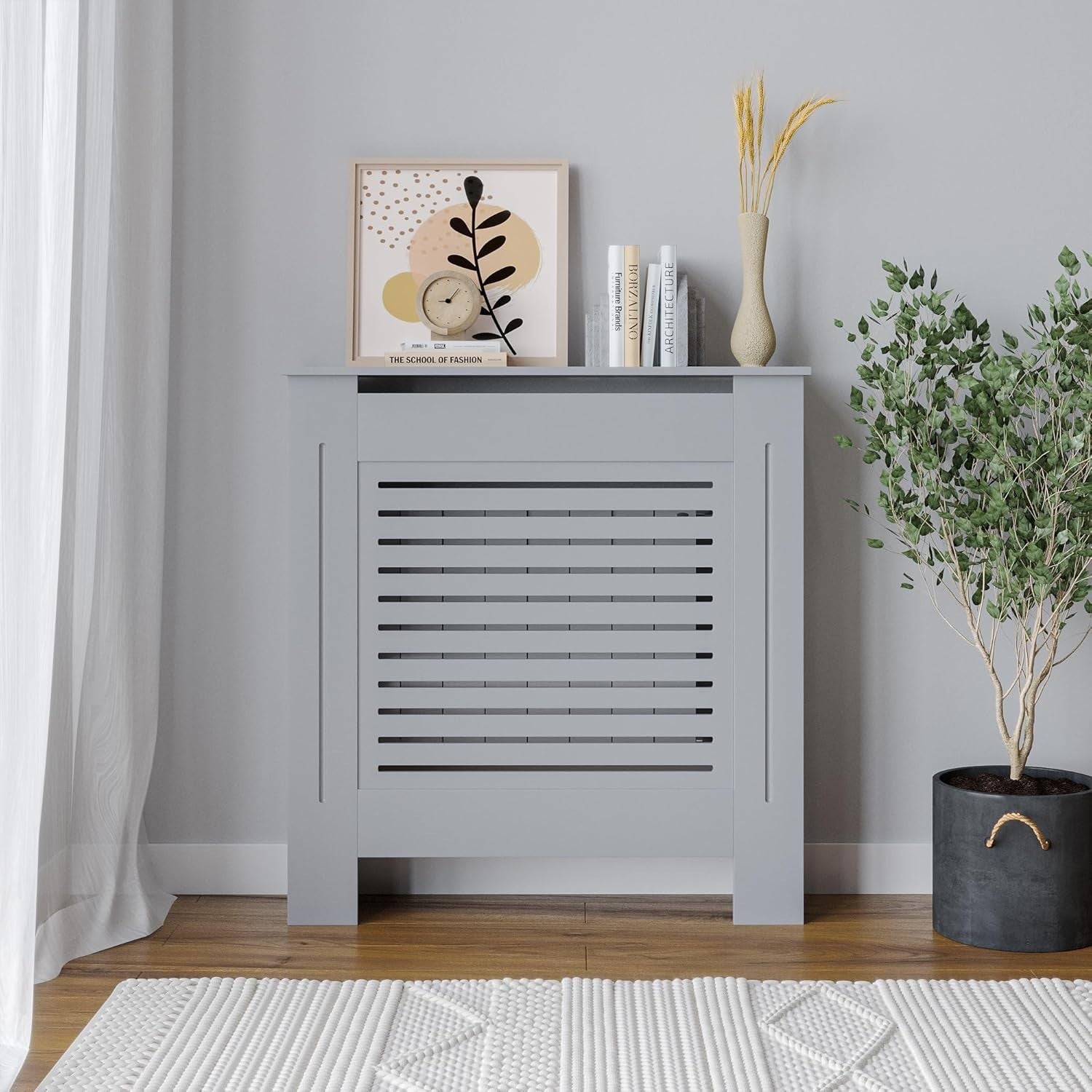 Grey Wooden Radiator Cover MDF Grill Shelf | Small Modern Decorative Cabinet