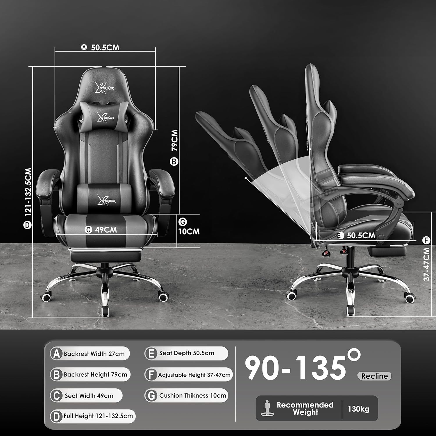 Ergonomic Gaming Chair w/ Footrest Recliner Lumbar Support Black Grey