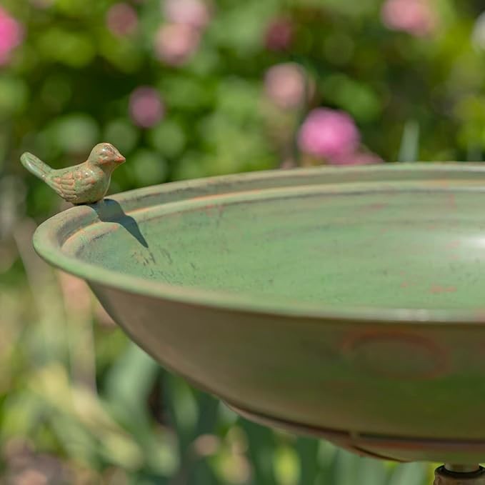Pedestal Bird Bath Green Cast Iron Outdoor Garden Feeder Bowl Ornament