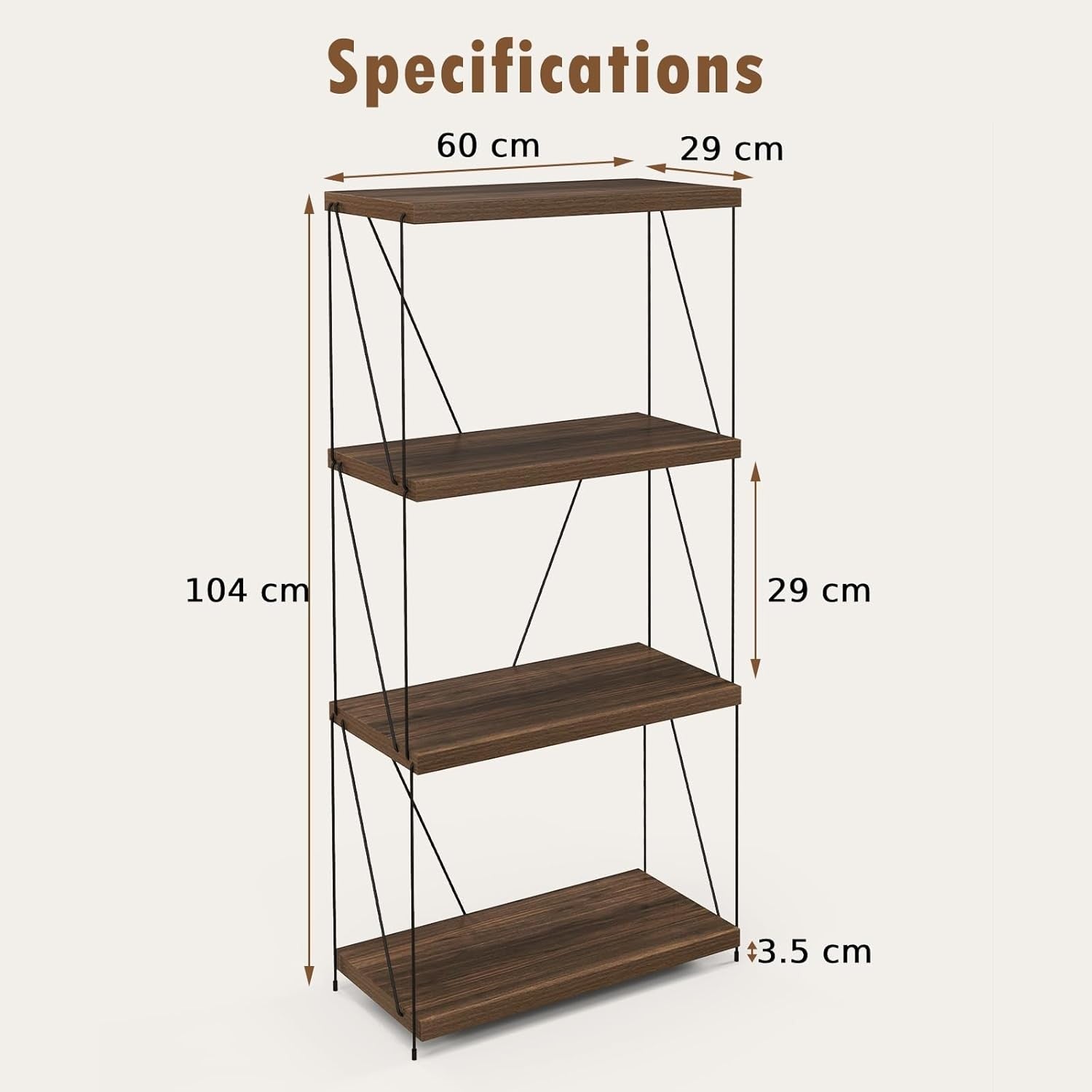 4-Tier Industrial Bookshelf Metal Frame Rustic Wood Storage Display Unit