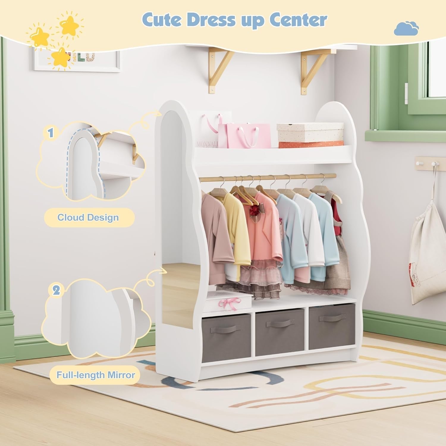 Kids Wardrobe with Mirror, Hanging Rail & 3 Drawers, White Cloud Design