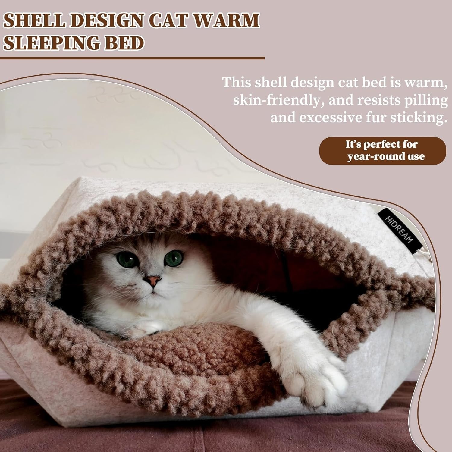 2 in 1 Plush Cat Bed Shell Design Calming Kitten House w Cushion