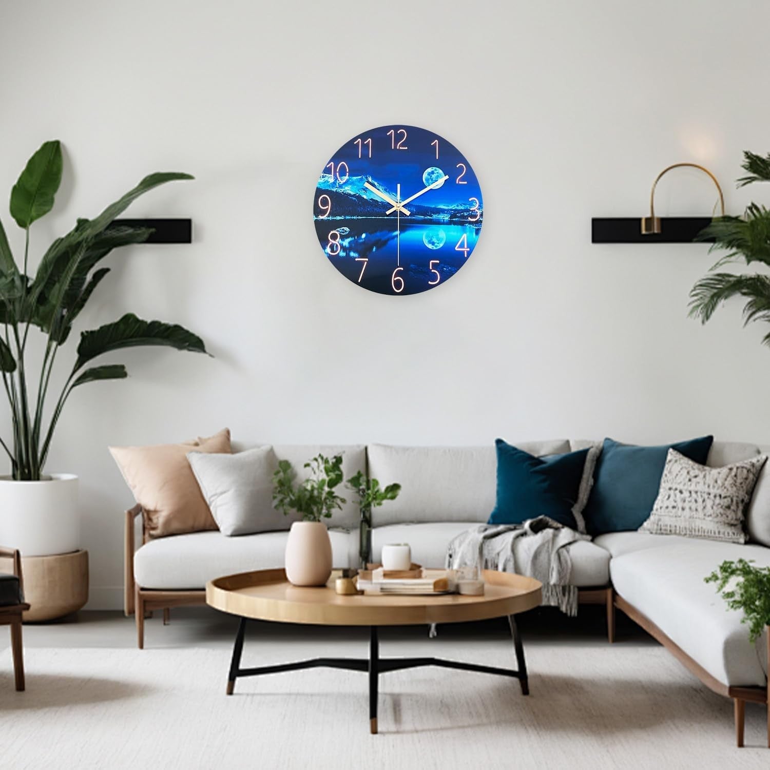 14" Blue Moon Glass Wall Clock Silent Non-Ticking Modern Living Room Decor