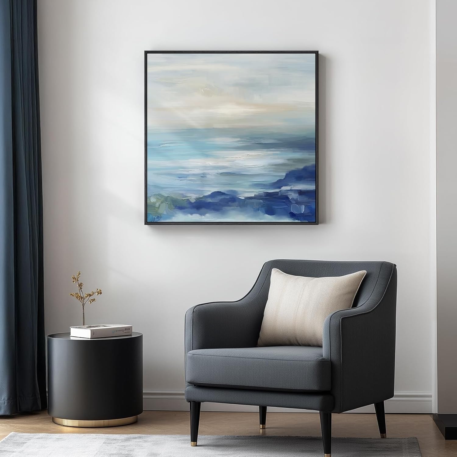 Framed Blue Abstract Coastal Canvas Wall Art 30x30 in Home Decor