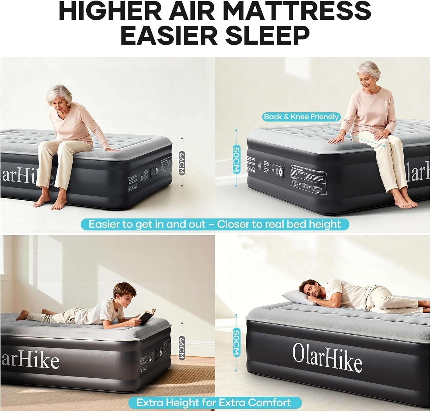 Double Air Bed Inflatable Mattress Built In Pump 50cm High Guest Bed