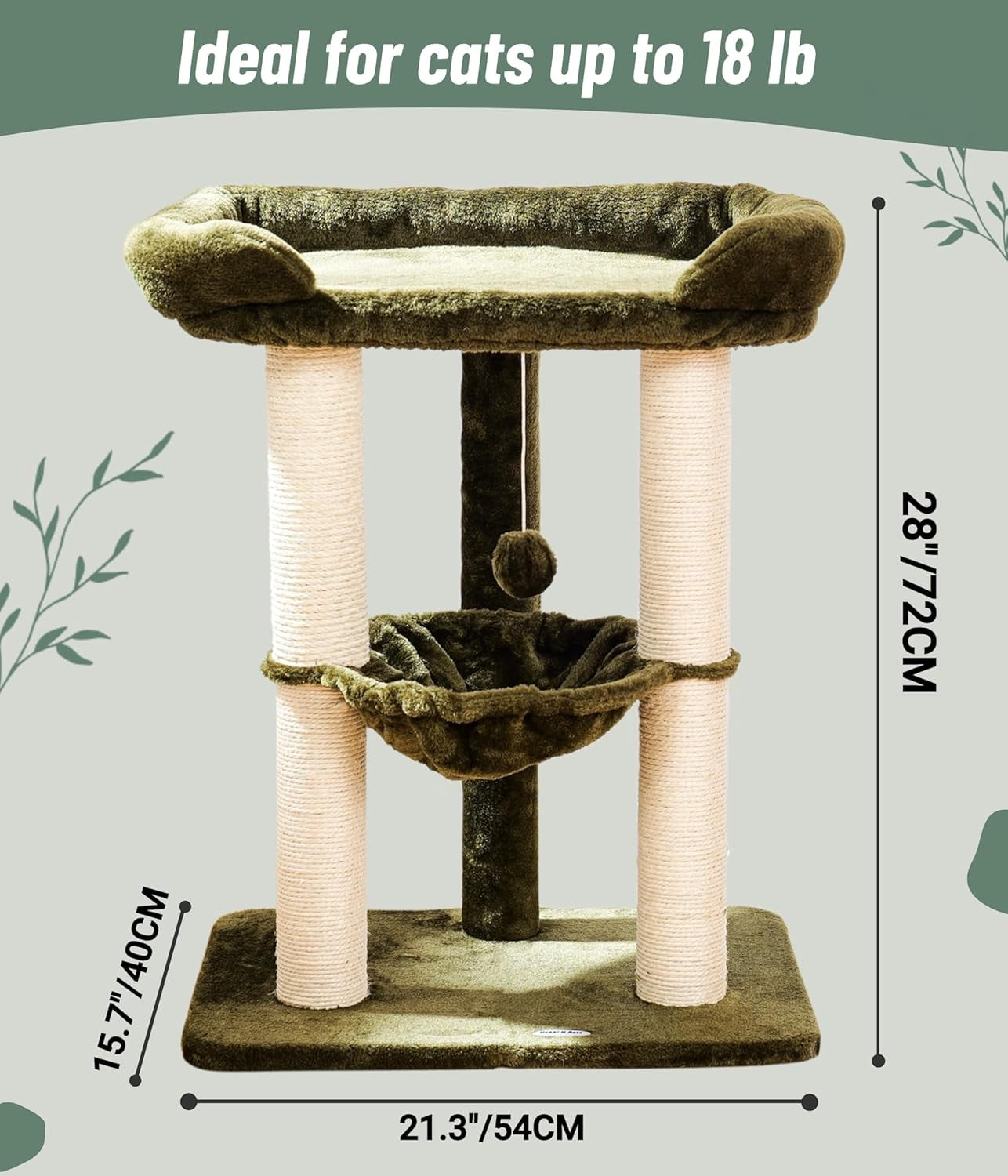 71cm Cat Tree Tower with Large Bed Hammock Sisal Scratching Indoor