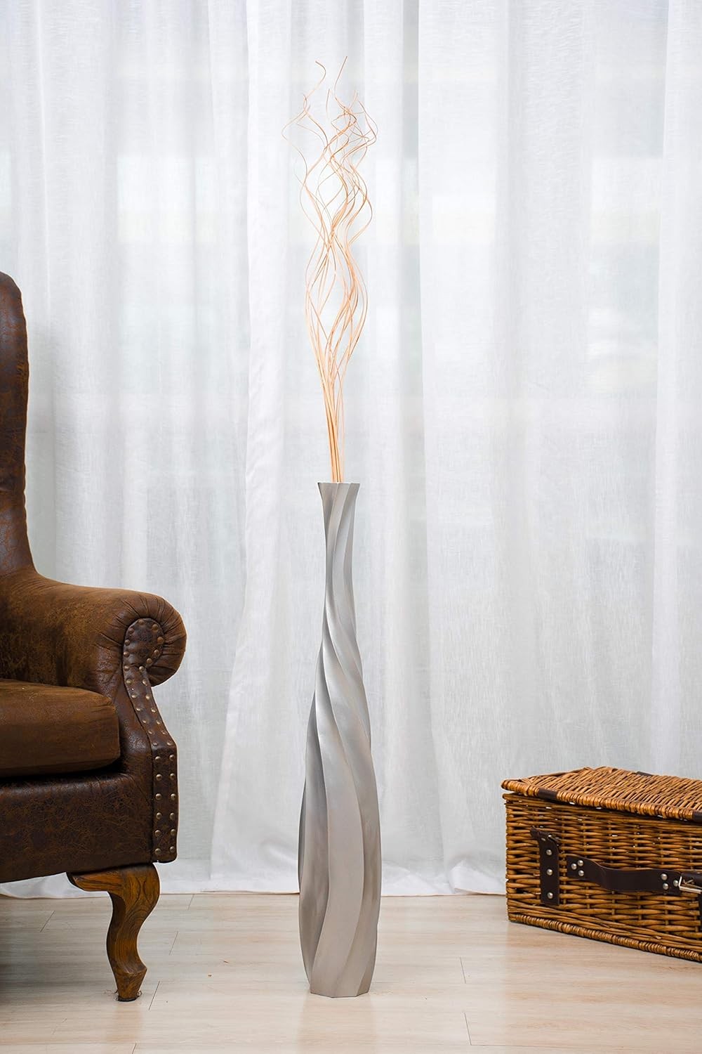 Silver Curved Floor Vase 65cm Tall Wooden Decor for Pampas Grass