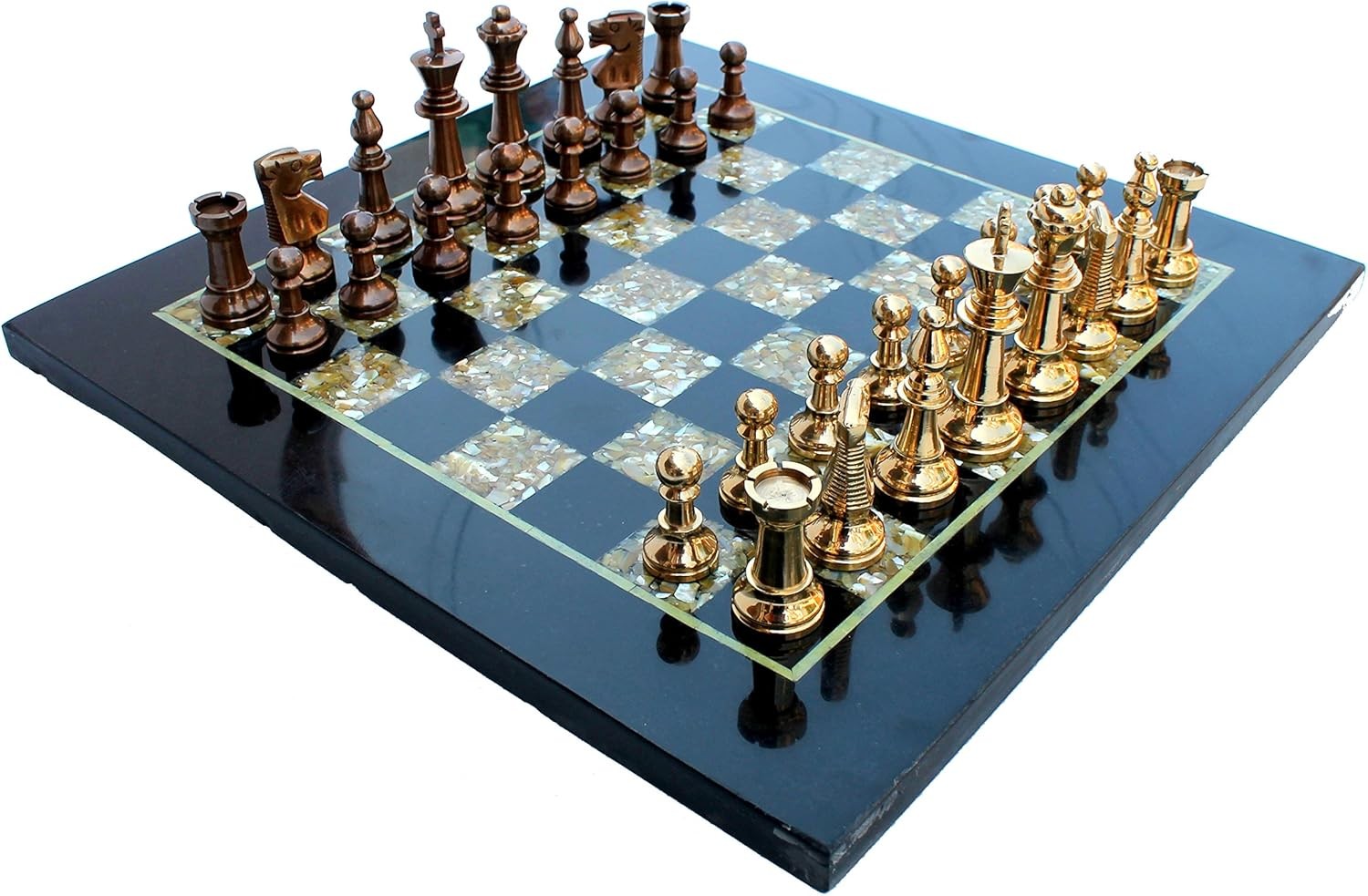 15" Black Marble Chess Set Mother of Pearl Board Brass Pieces Luxury Decor Gift