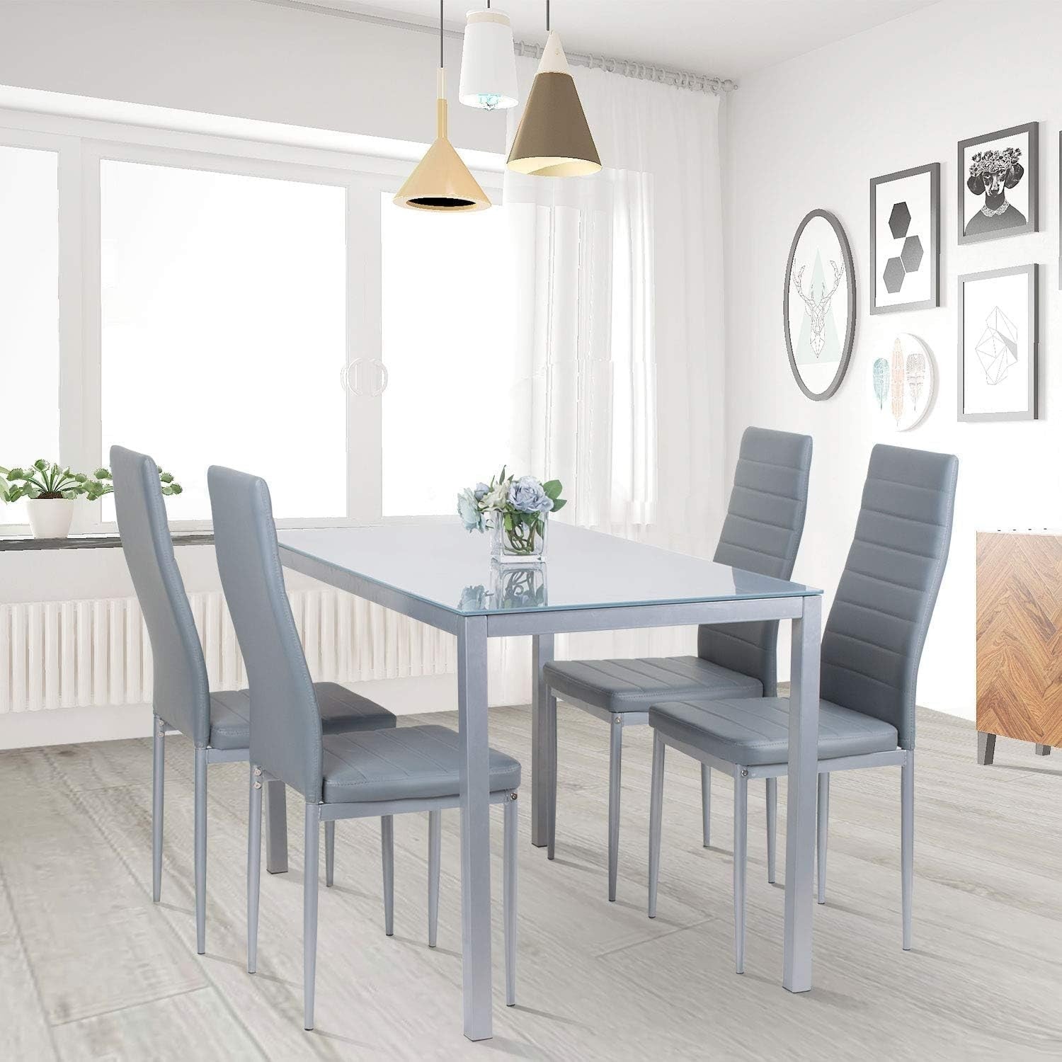 Modern Grey Glass Dining Table & 4 High Back Faux Leather Chairs Set