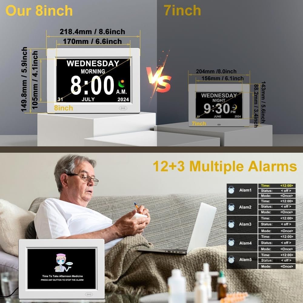 8” Dementia Digital Clock Large Day Date Display Auto Dimming Elderly