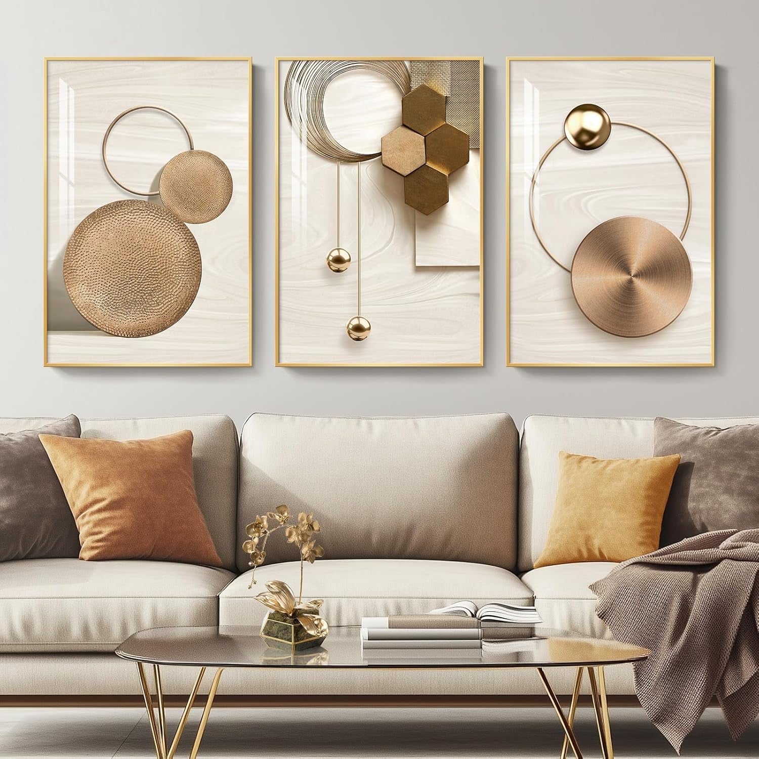 Framed Gold Wall Art Set of 3 Modern Geometric Prints
