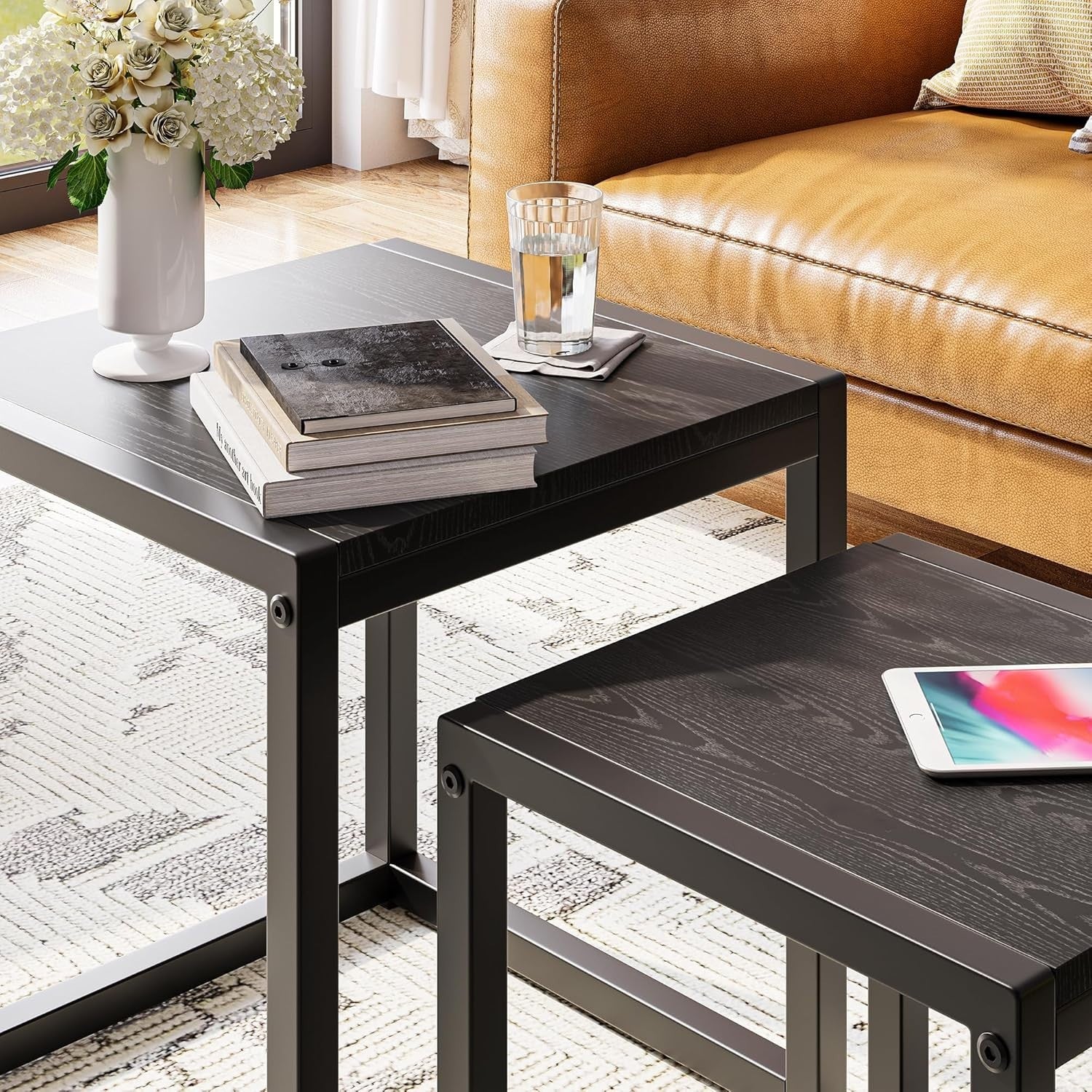 3 Black Nesting Coffee Tables Set of 3 Rectangular Steel MDF Side End Table