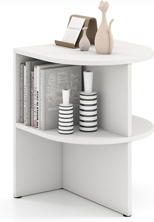Half Round Side Table with Shelves | Modern White 2-Tier Bedside Sofa End Table