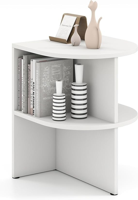 Half Round Side Table with Shelves | Modern White 2-Tier Bedside Sofa End Table