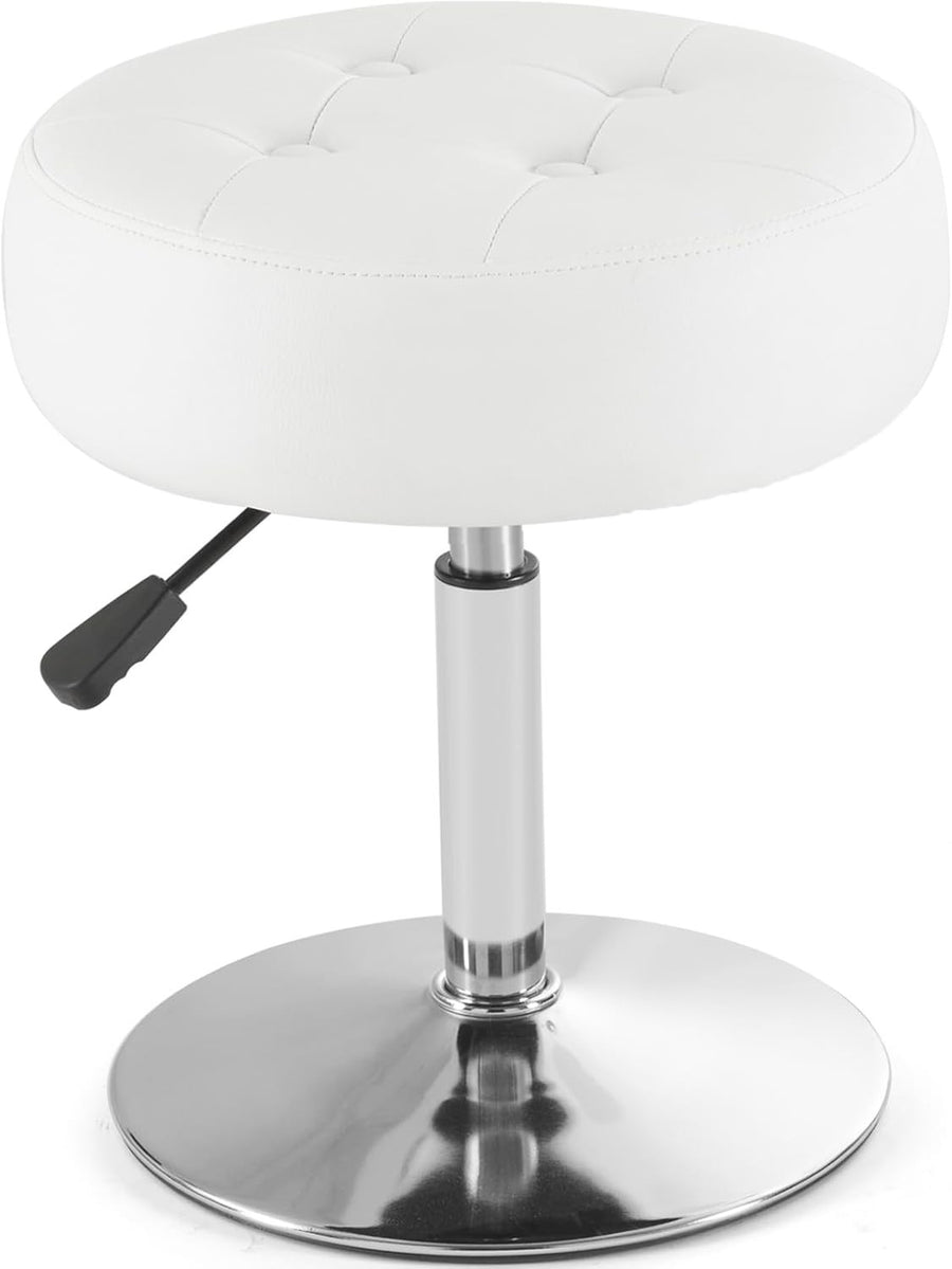 White PU Leather Swivel Vanity Stool – Adjustable Tufted Round Makeup Chair