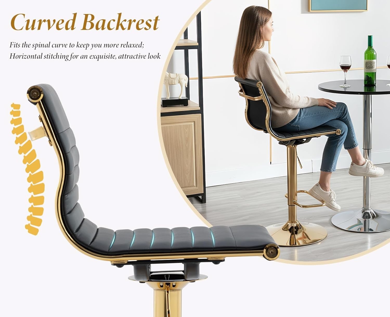 Adjustable Black PU Leather Bar Stools Set of 2 Swivel Kitchen Counter
