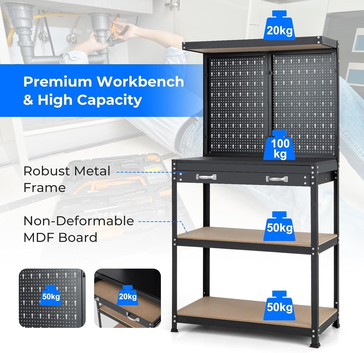 Heavy Duty Workbench 81x41x156cm Pegboard Shelves Drawer Metal Garage Table