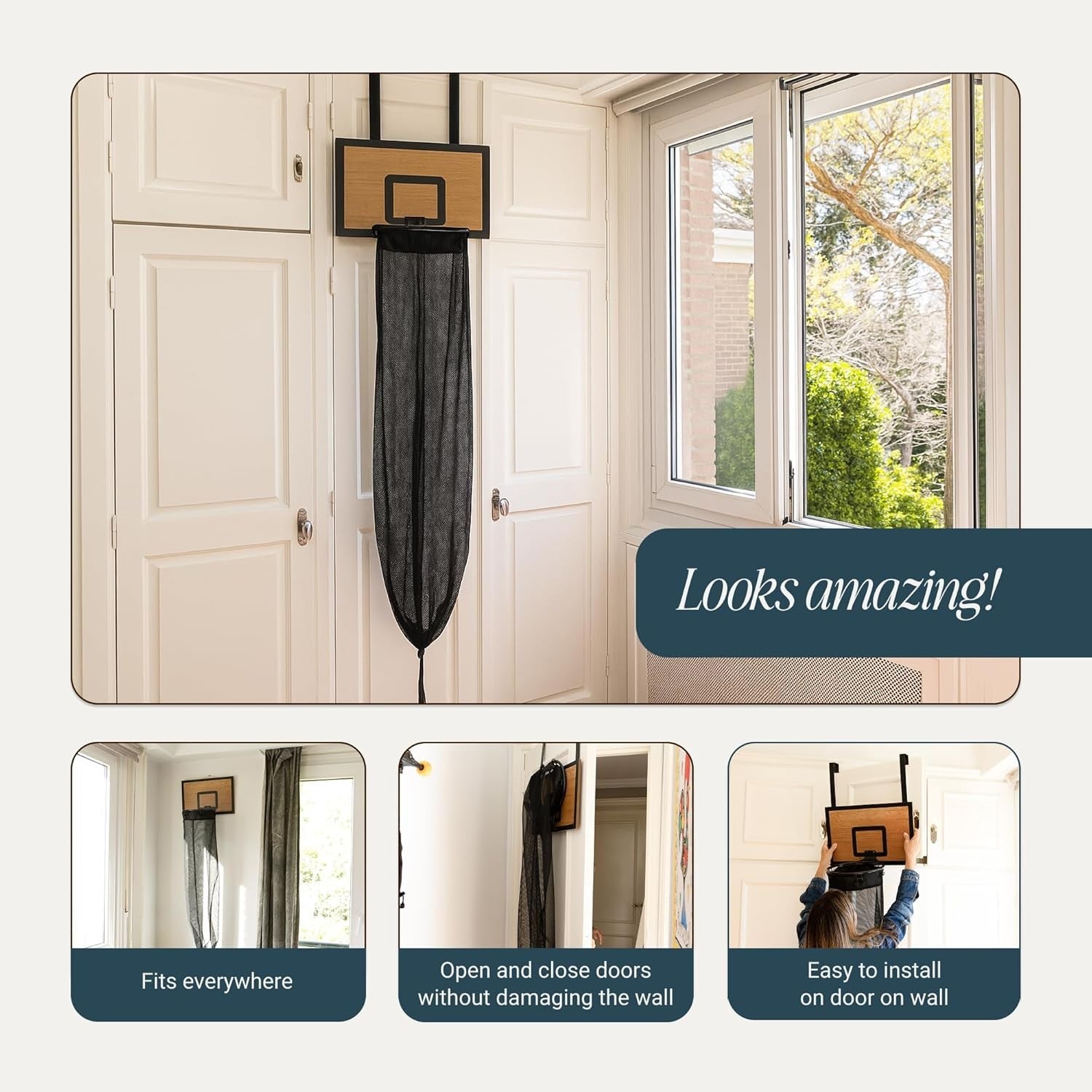 Over-Door Basketball Laundry Hamper Cedarwood Hoop Large Foldable Clothes Basket