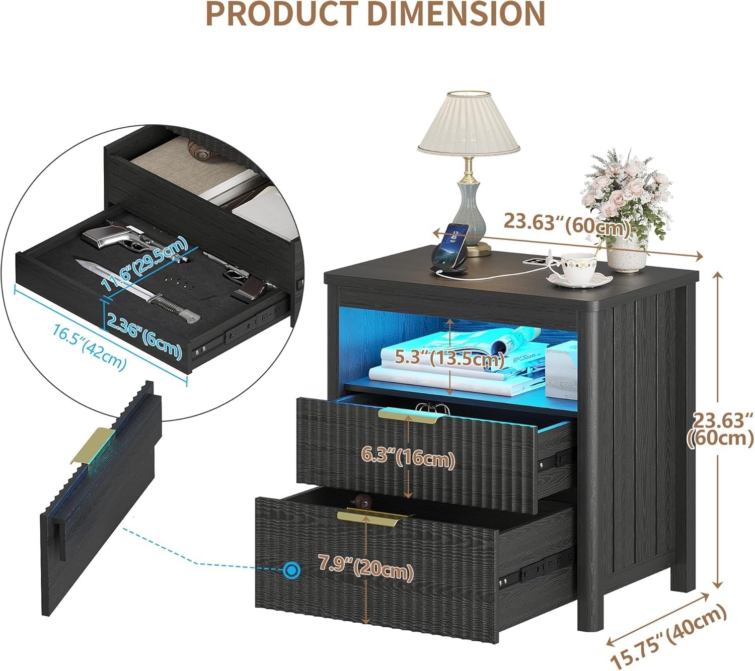 24" Wide Black Bedside Table with Charging Station, LED Light & 3 Drawers